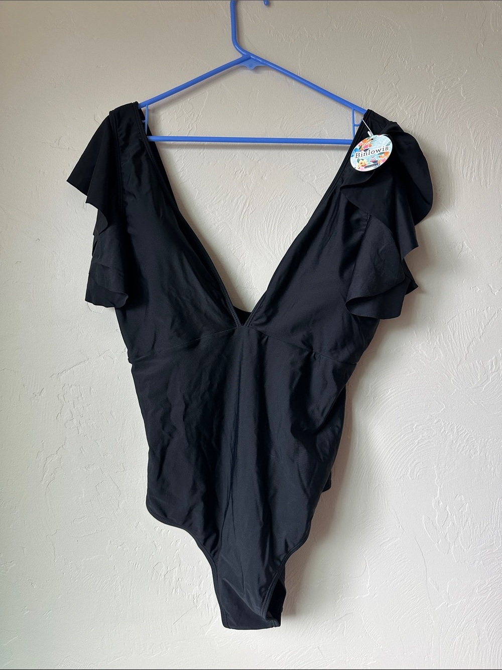 Black Ruffle Sleeve V-Neck One-Piece Swimsuit